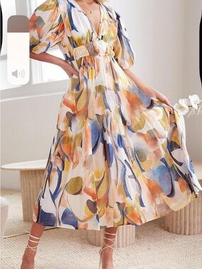 Pastel Abstract Print Puff Sleeve Midi Dress by Disaya
